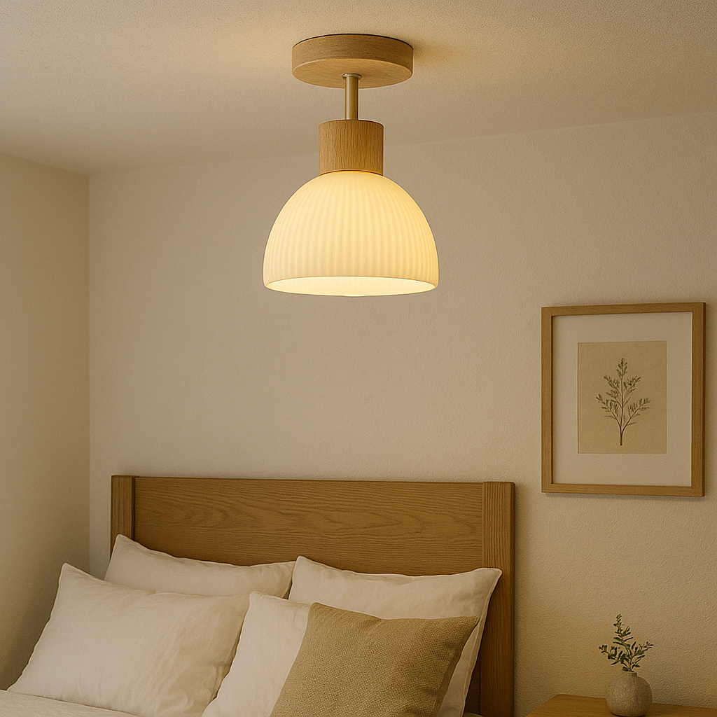 Moderne Loftlampe | Rillet Glas & Trædetaljer
