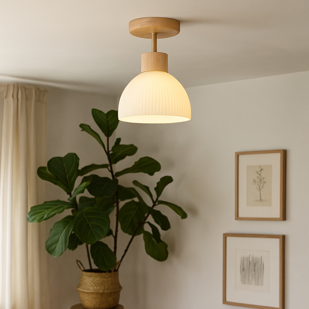 Moderne Loftlampe | Rillet Glas & Trædetaljer