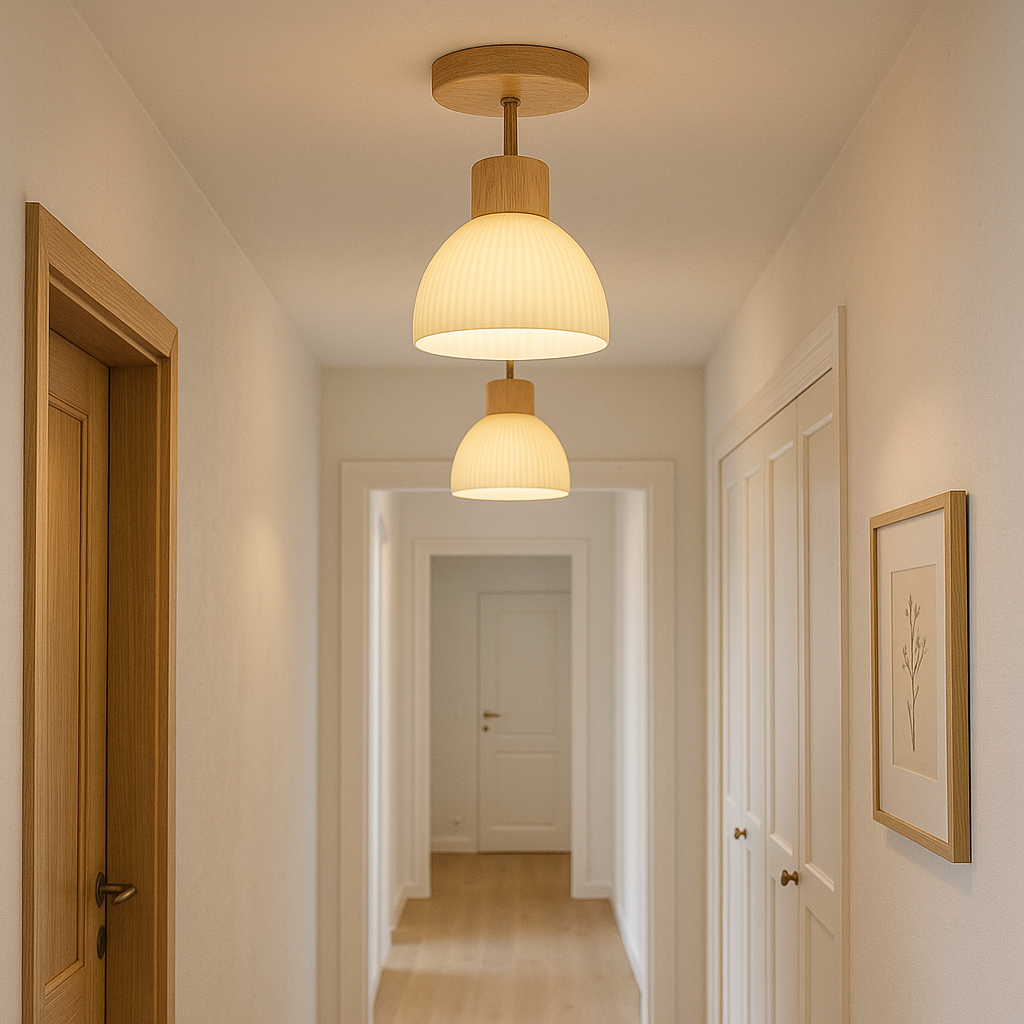 Moderne Loftlampe | Rillet Glas & Trædetaljer