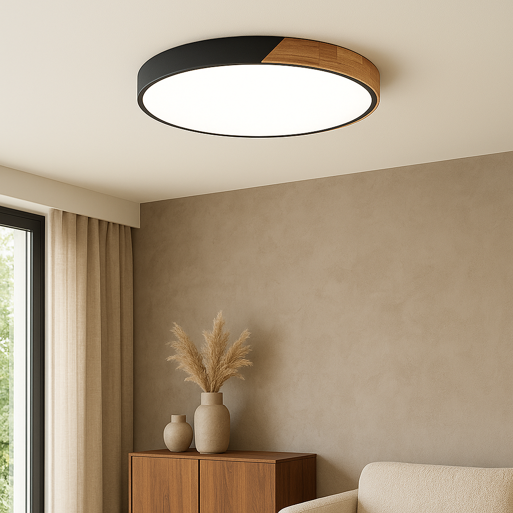 Moderne Loftlampe | Rund LED, Sort & Trædetaljer