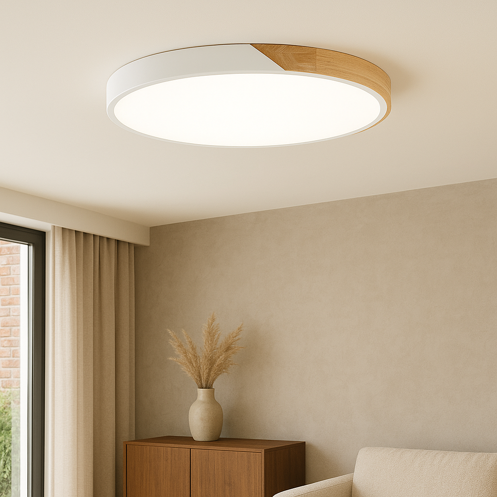 Moderne Loftlampe | Rund LED, Sort & Trædetaljer