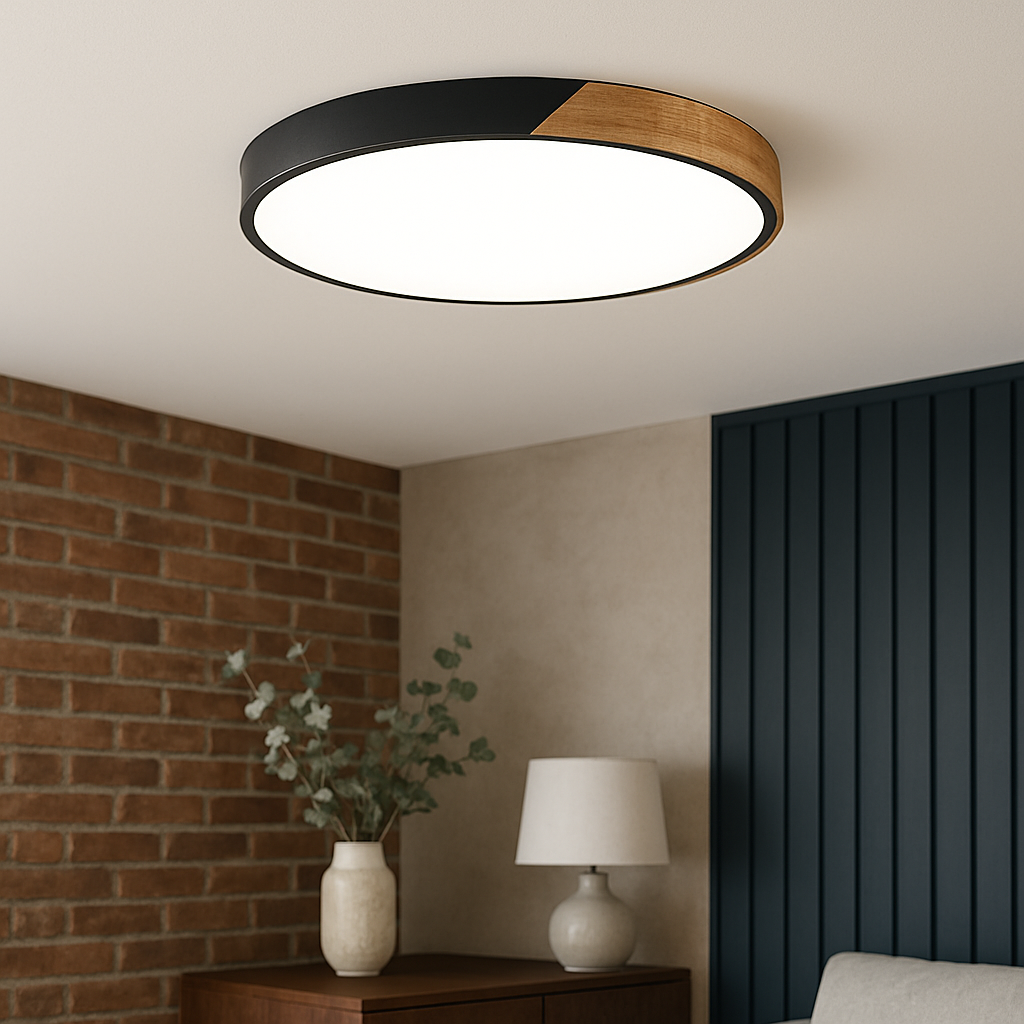 Moderne Loftlampe | Rund LED, Sort & Trædetaljer
