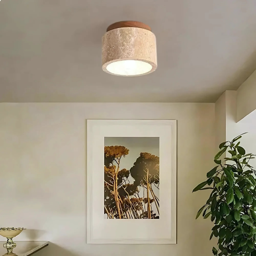 Plafondlampe | Travertin med Trædetaljer